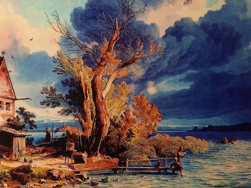 1800-Carl August Lebschée - Atmosfera temporalesca sulla costa occidentale dell'isola di Wörth, vicino alla casa del pescatore